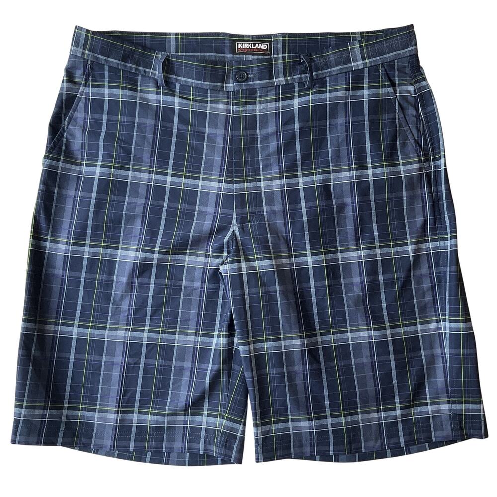 Kirkland Signature Men Shorts Size 38 Blue Plaid Chino Casual Button 11" Inseam